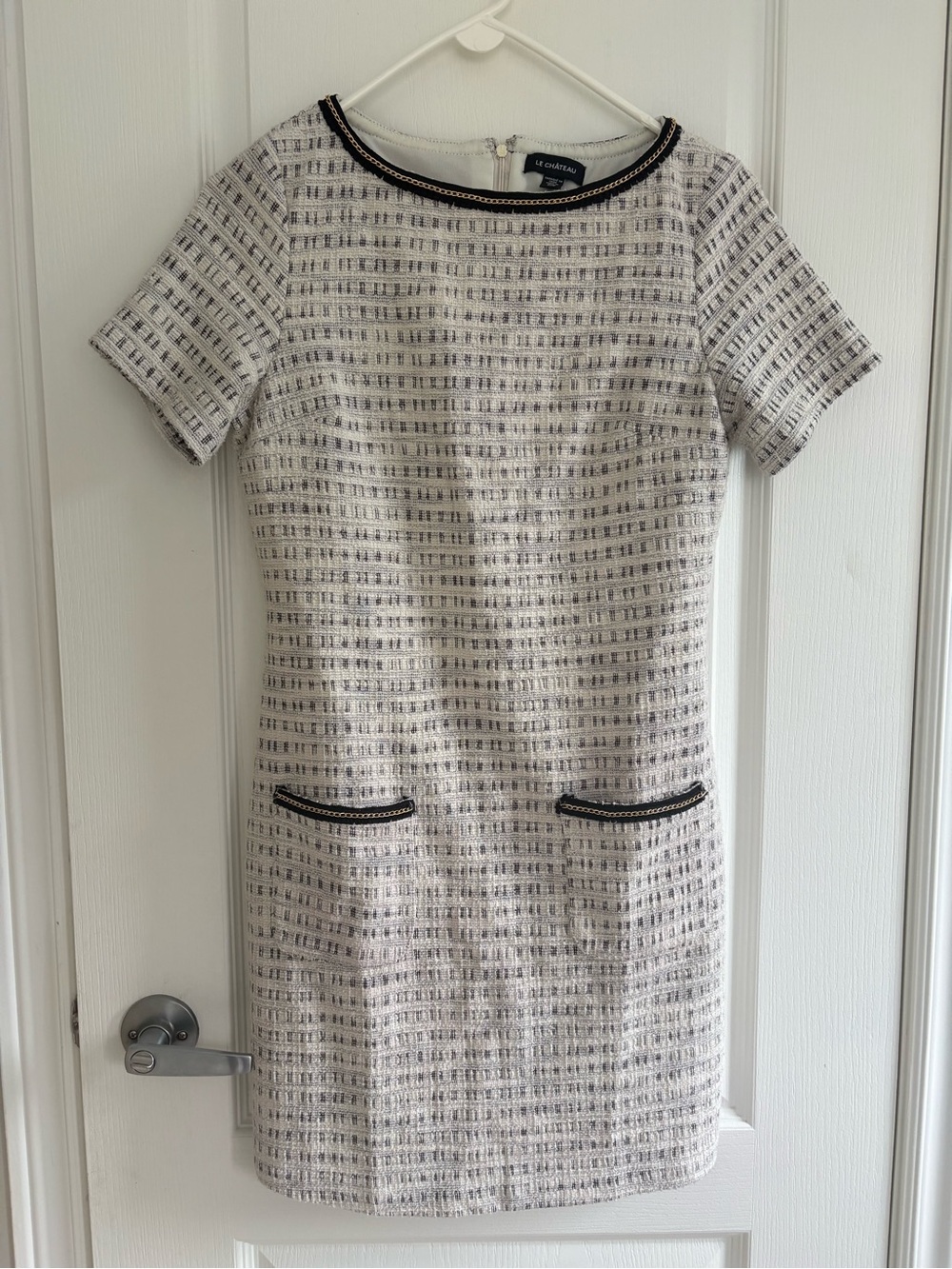 le chateau Cream and Black Tweed Short-Sleeve Shift Dress